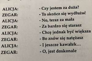 Zdjęcie strony ze scenariusz spektaklu "Alicja w krainie czarów" - rozmowa Alicji z zegarem.